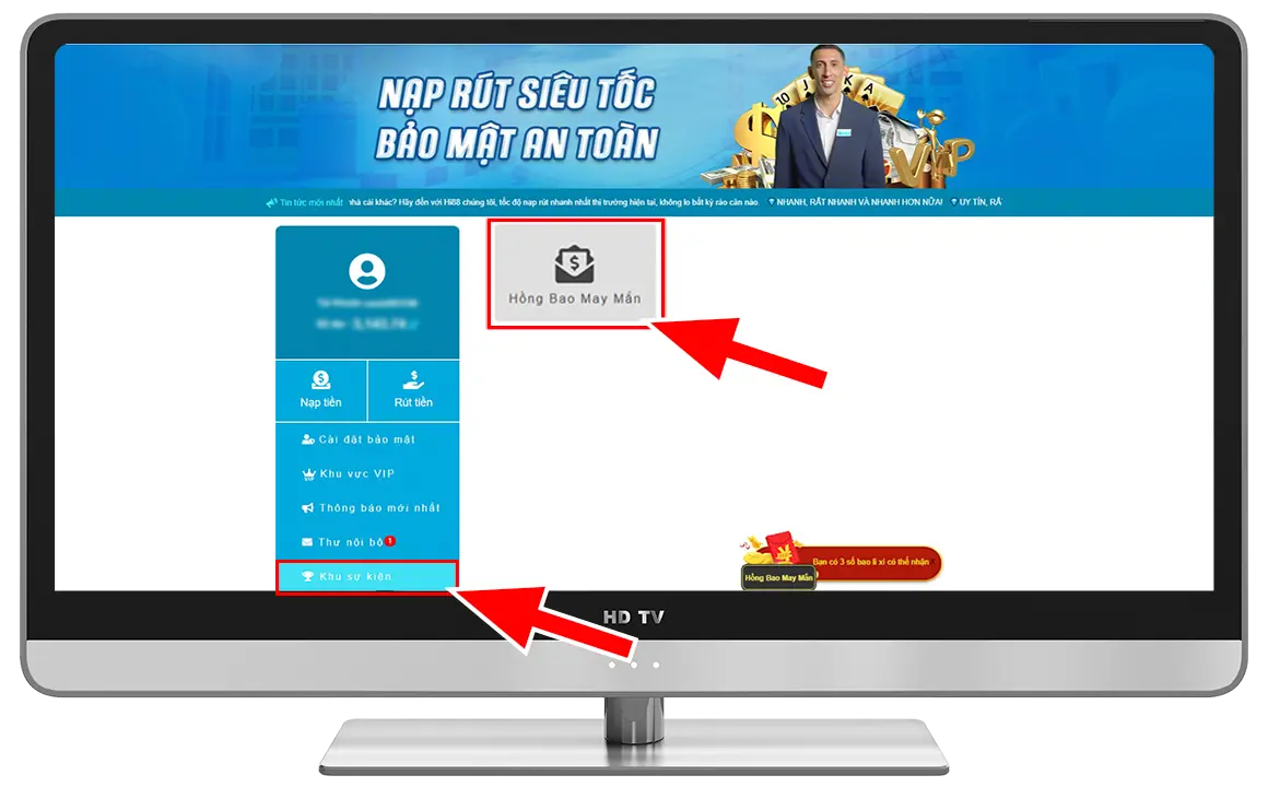 Bước 2: Chọn "Khu Sự Kiện" → Chọn "Hồng Bao May Mắn".